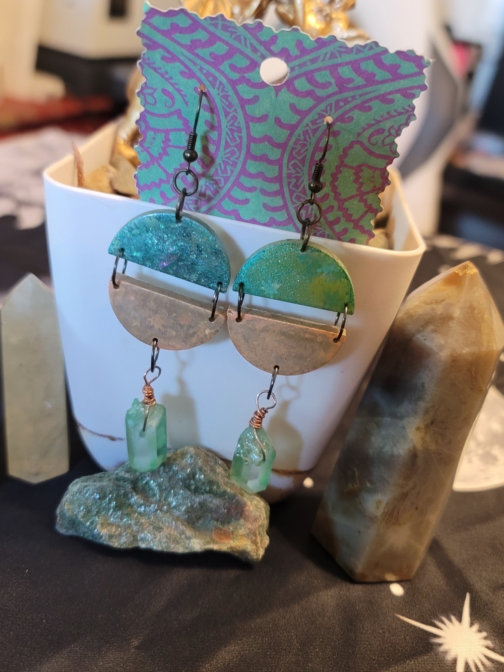 🔥3 For $20 Handmade Green and Gold Resin Crystal Dangle Earrings